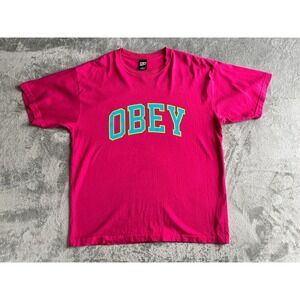 Vintage Y2K Obey Hot Pink Spellout Graphic Tee Tshirt Large Skater Streetwear‎